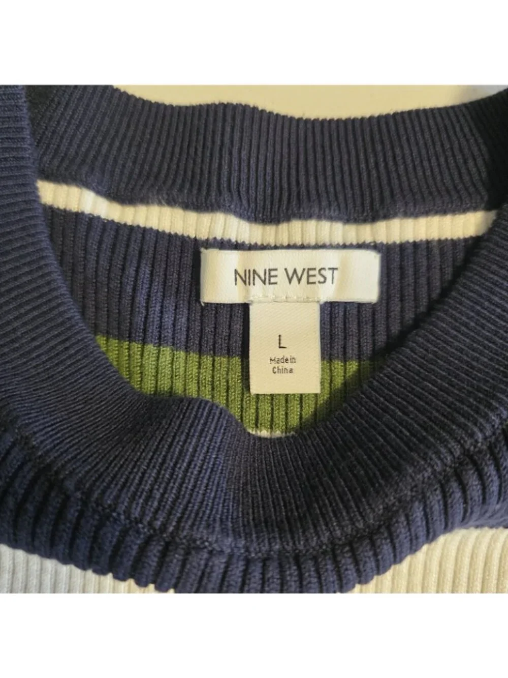 Nine West Rib Knit Crew Neck Sweater Rayon Blend Green Blue Striped Large NEW‎